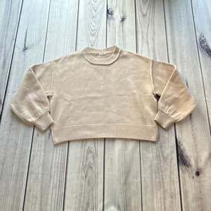 Preppy Ribbed Knit Cropped Crewneck Sweater in Beige Size Small Women's